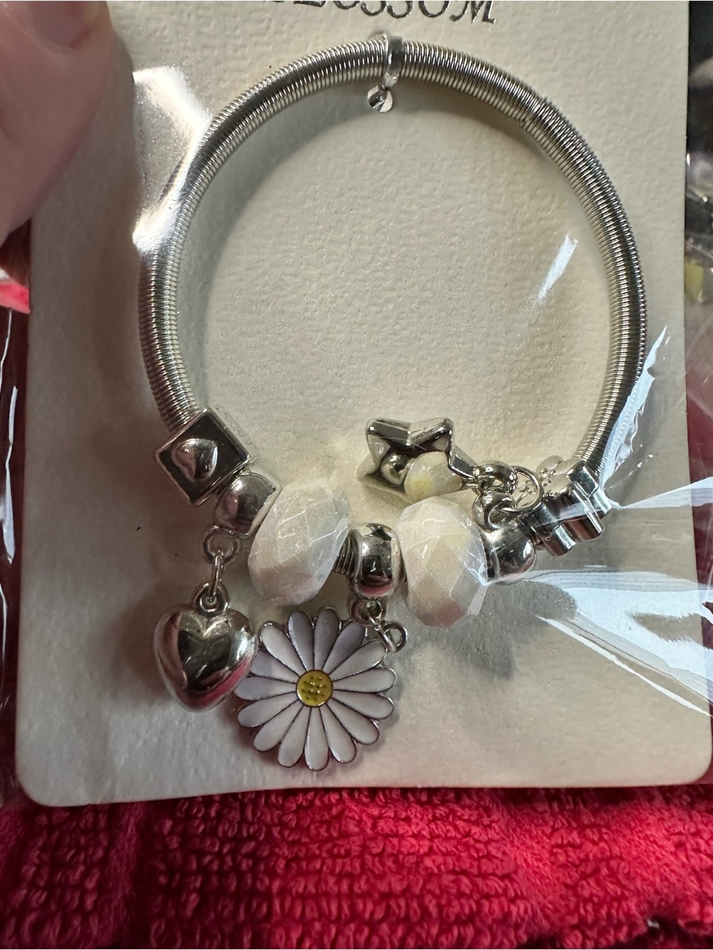 Daisy Silver Charm Bracelet with White Beads and Yellow Center 10